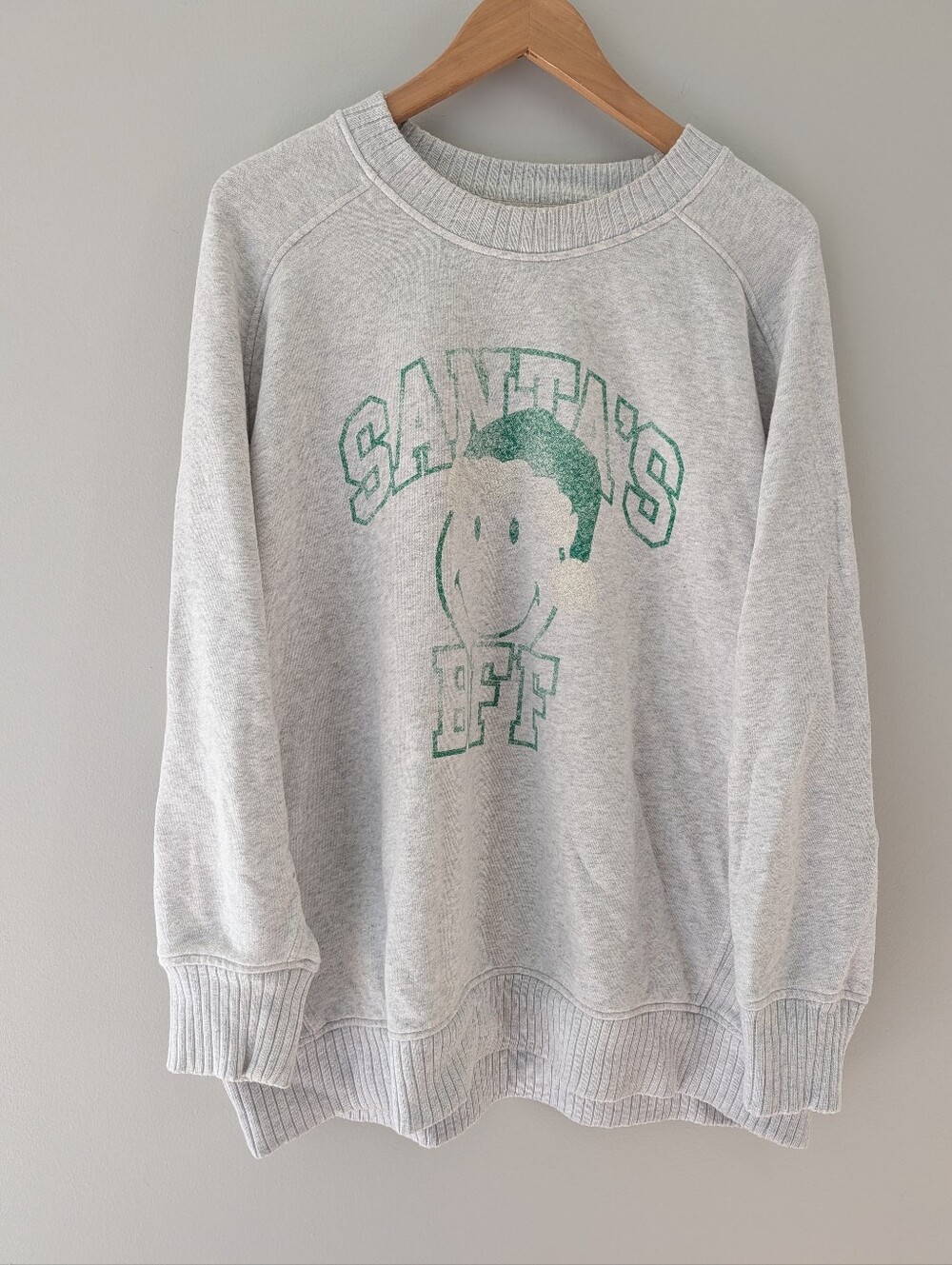 Aerie Smiley Santa's BFF Graphic Sweatshirt L Gray Green Oversized Cozy Fall